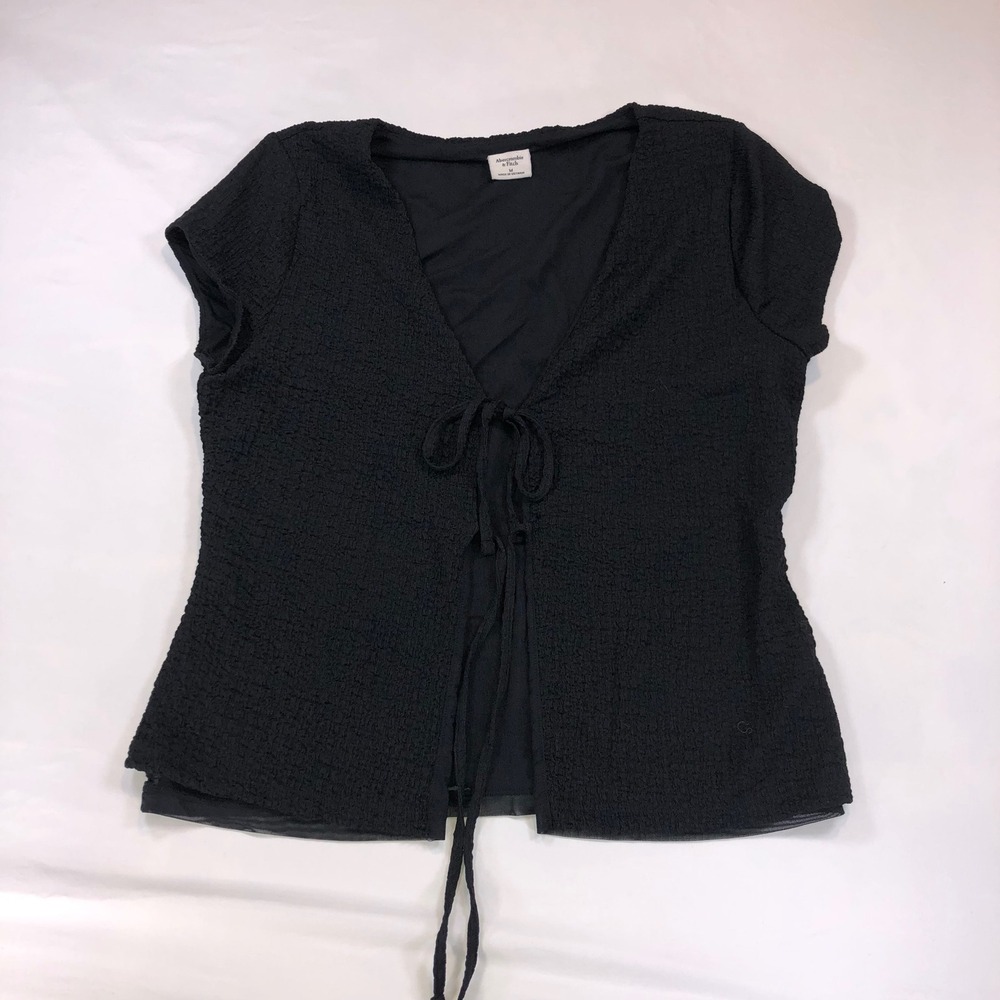 Abercrombie & Fitch Black Textured Front Tie V-Neck Short Sleeve Top Medium